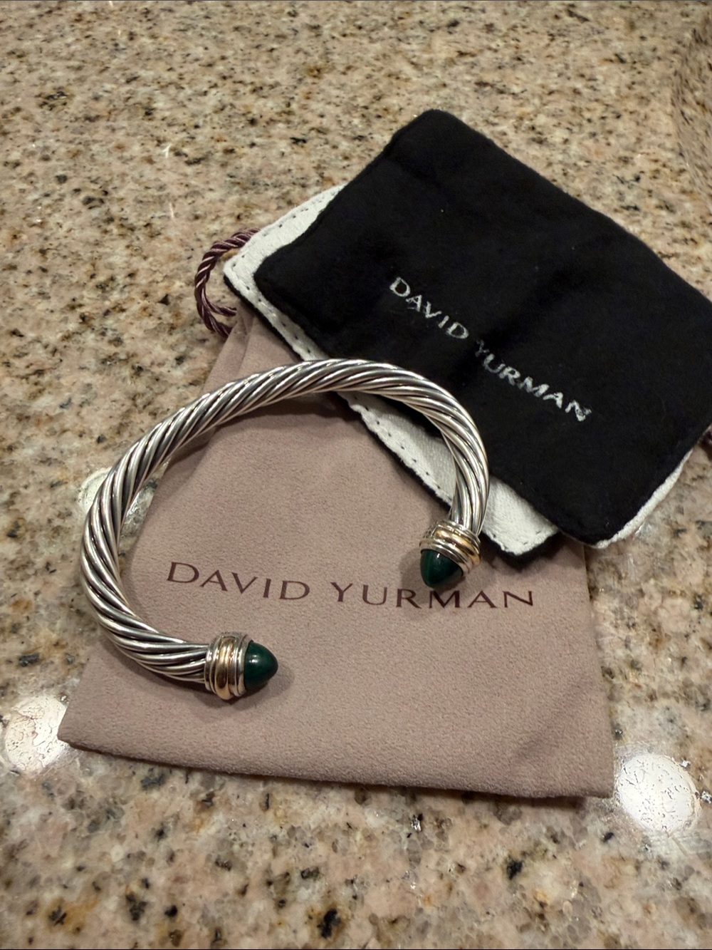 David Yurman Sterling Cable Cuff with Green Gemstone End Caps and Gold Accents